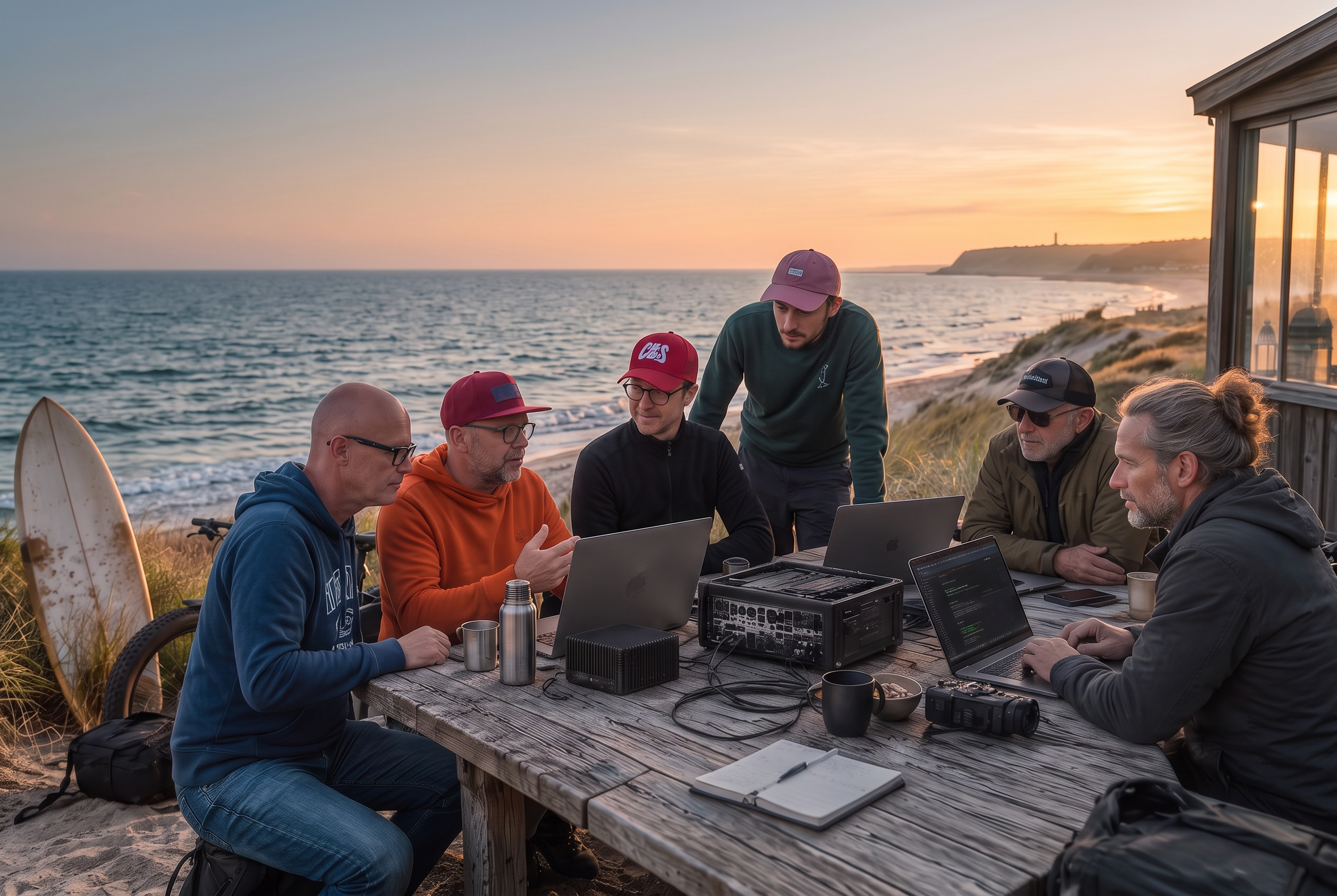 Kleine Unternehmer-Runde arbeitet mit Laptops und KI-Hardware am Meer